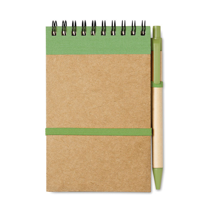 Bloc note à spirale en papier recyclé avec stylo assorti